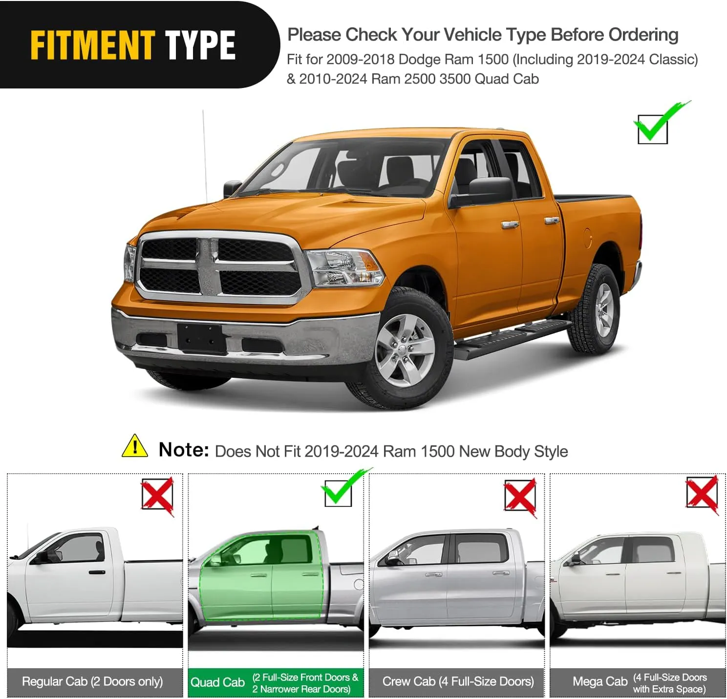 2009-2018 Dodge Ram 1500 Quad Cab 2019-2024 Dodge Ram 1500 Classic 2010-2024 Dodge Ram 2500 3500 6 Inch Slip-Proof Aluminum Bolt-on Side Step Nerf Bars Running Boards