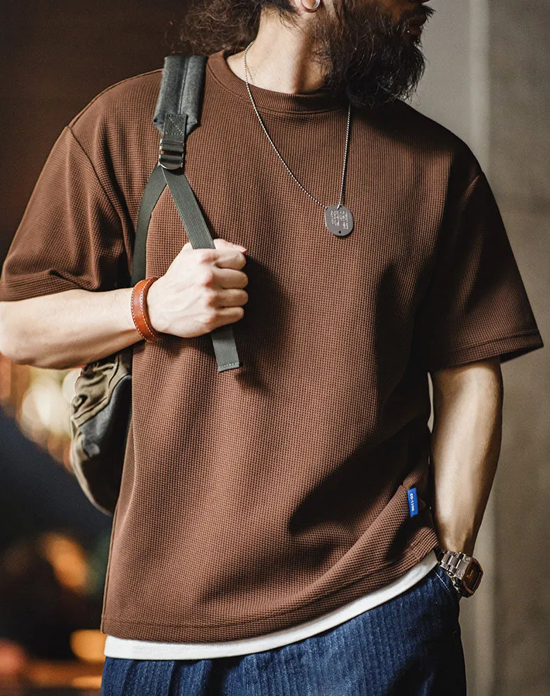 American Casual Waffle Texture Loose Layered Men's T-Shirt
