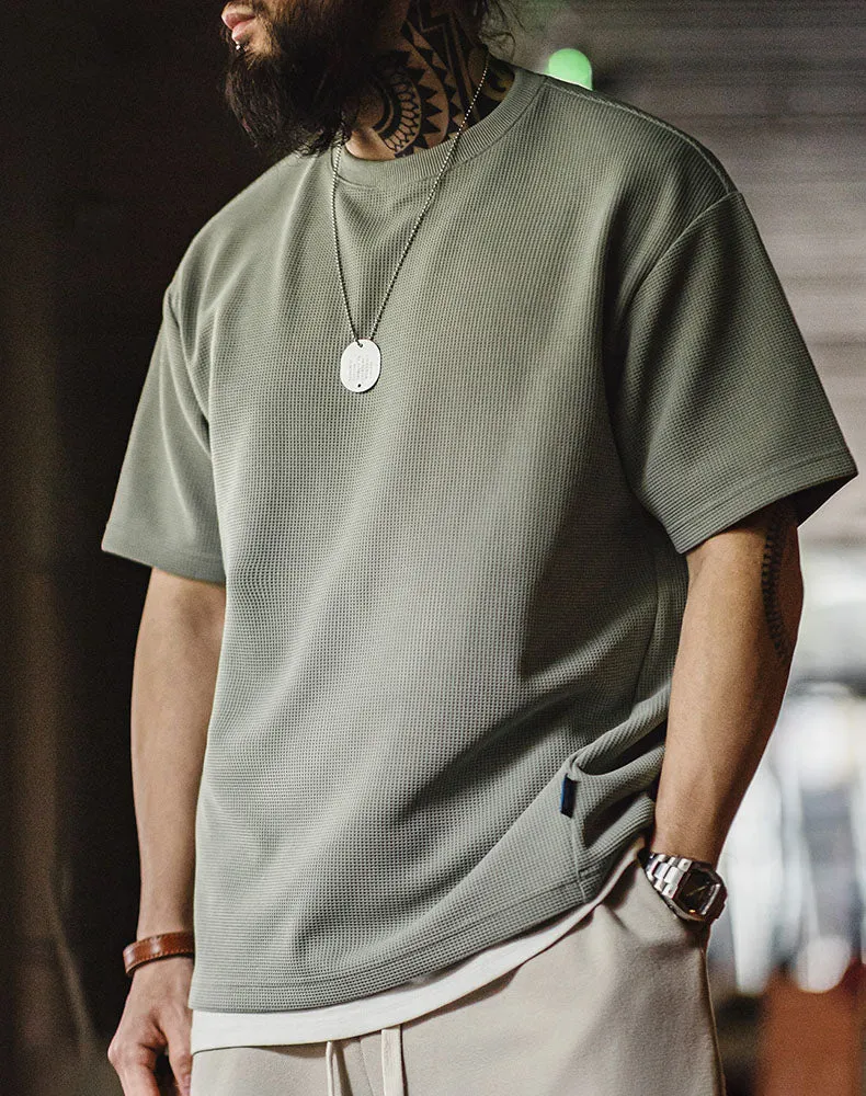 American Casual Waffle Texture Loose Layered Men's T-Shirt