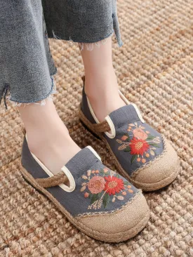 Cactus Rose | Double Kiss Floral Embroidered Linen Espadrilles - Grey