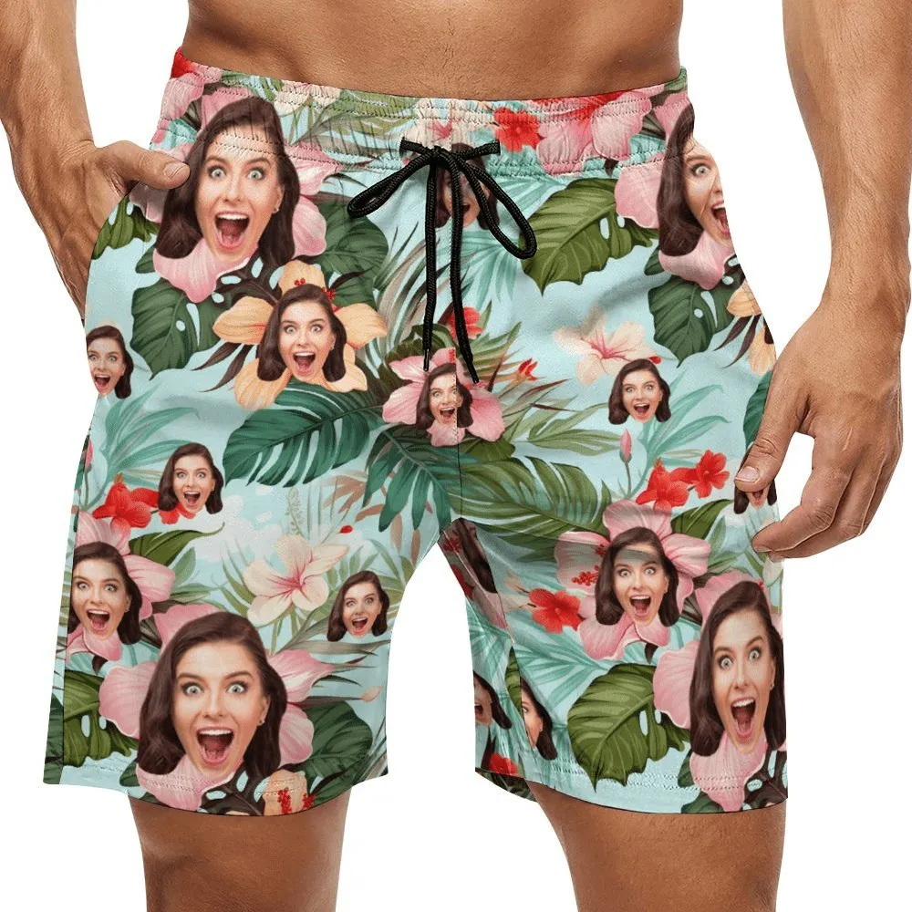 Custom Face Flowers Green Couple Swim Shorts&Dress Men's Swim Trunks Women's Beach Sling Skirt