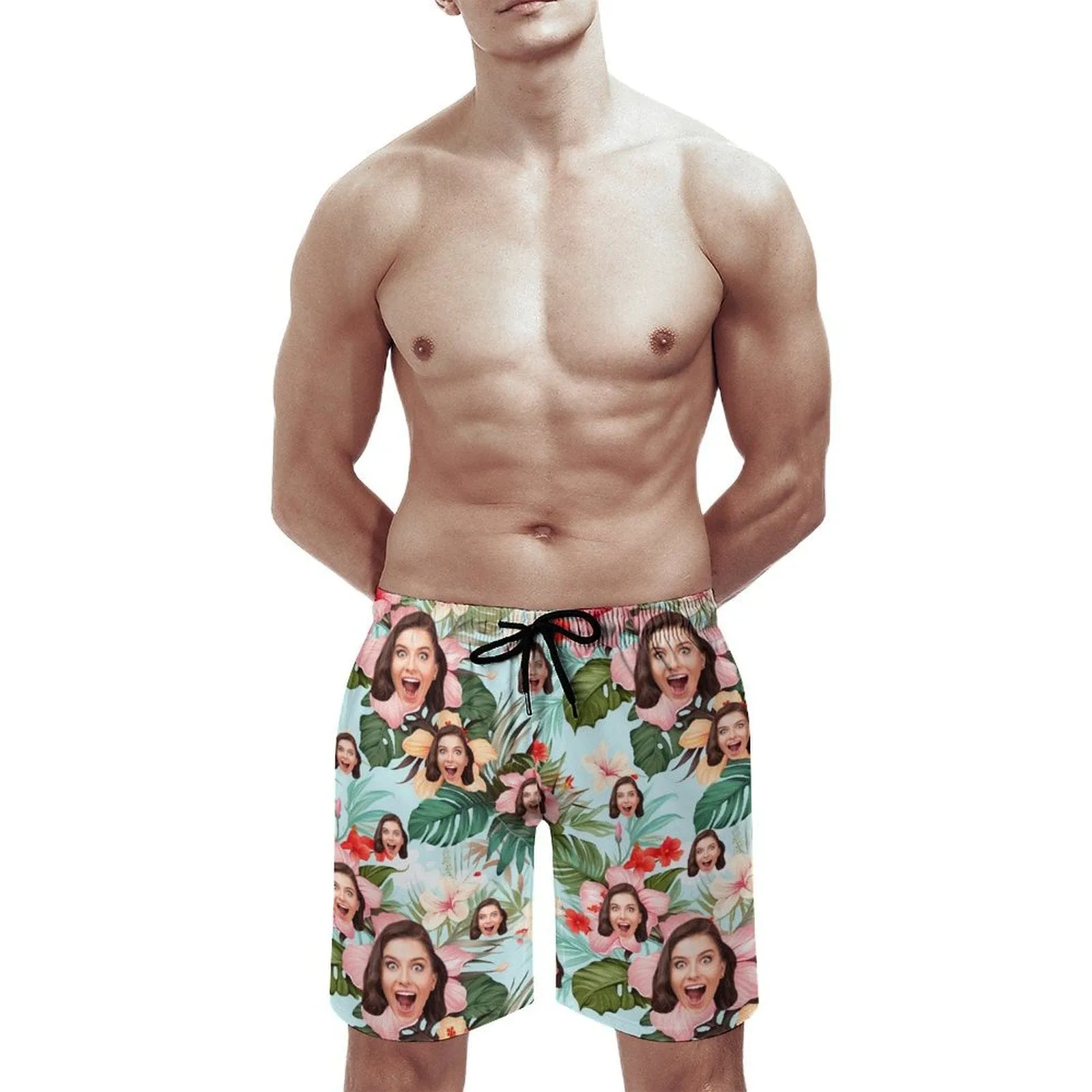 Custom Face Flowers Green Couple Swim Shorts&Dress Men's Swim Trunks Women's Beach Sling Skirt