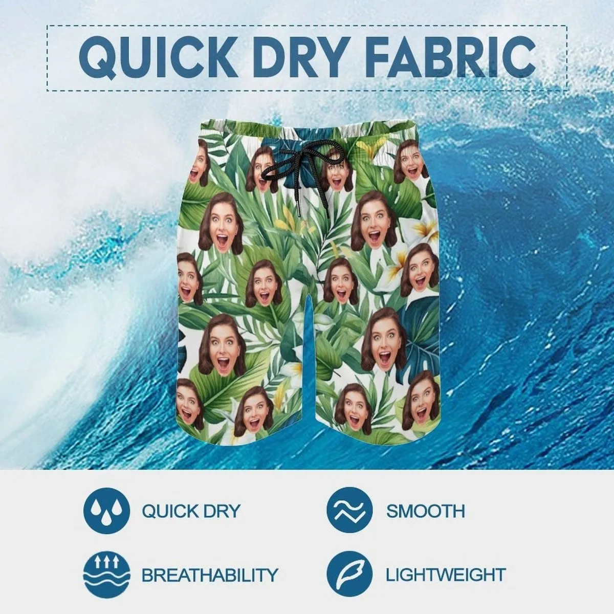 Custom Face Green Leaves Couple Swim Shorts&Dress Men's Swim Trunks Women's Beach Sling Skirt