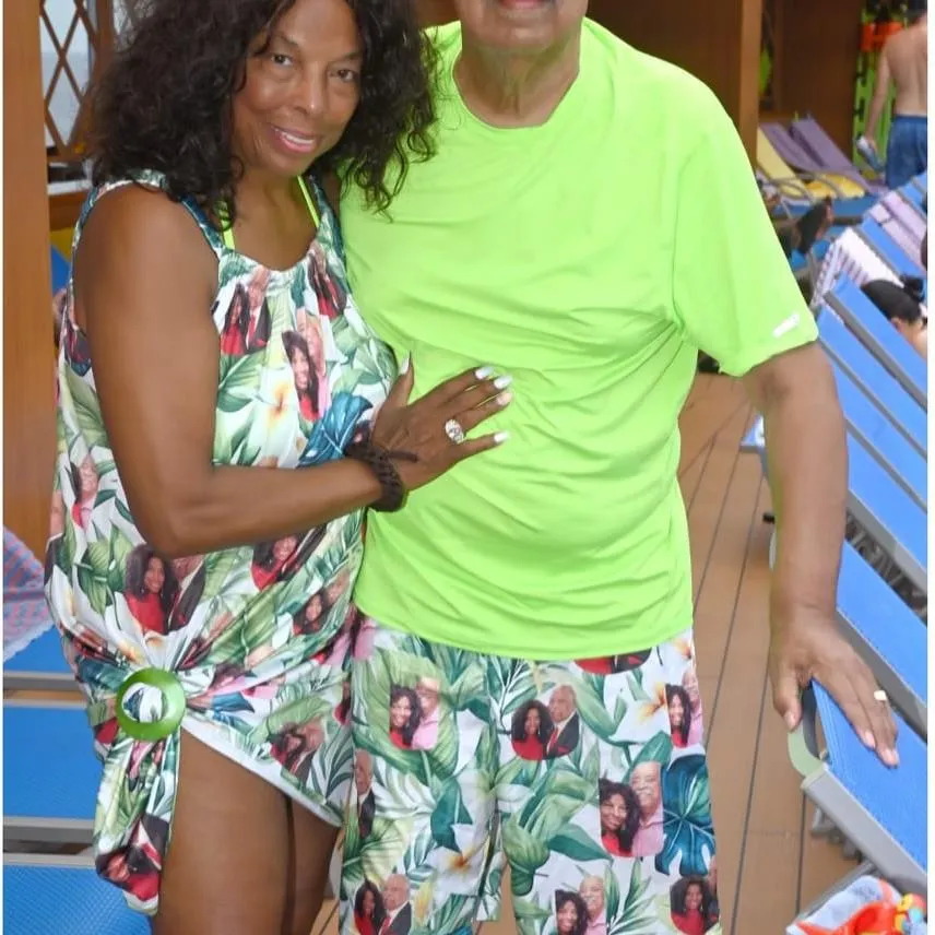 Custom Face Green Leaves Couple Swim Shorts&Dress Men's Swim Trunks Women's Beach Sling Skirt