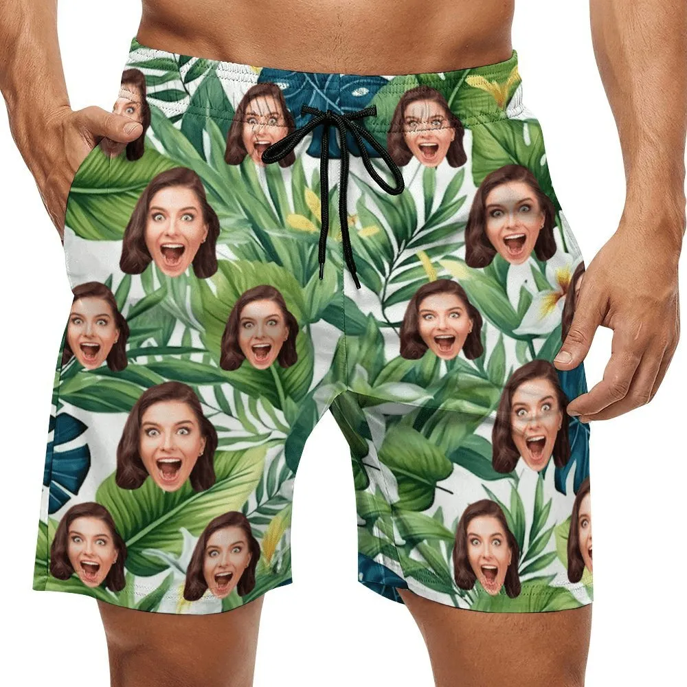 Custom Face Green Leaves Couple Swim Shorts&Dress Men's Swim Trunks Women's Beach Sling Skirt