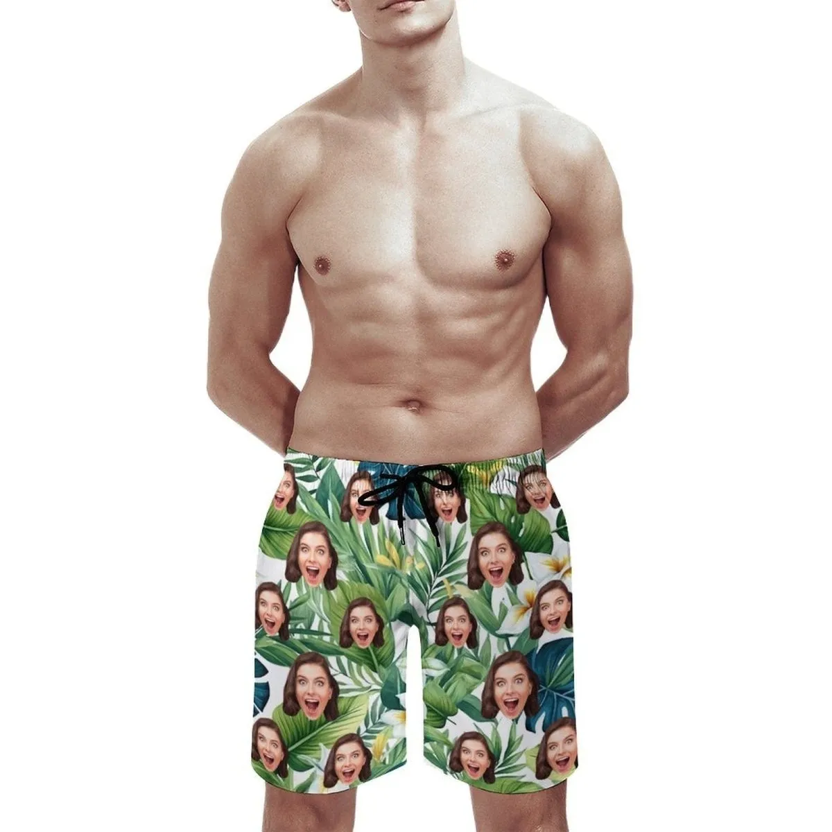 Custom Face Green Leaves Couple Swim Shorts&Dress Men's Swim Trunks Women's Beach Sling Skirt