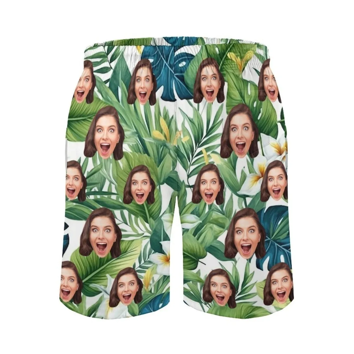 Custom Face Green Leaves Couple Swim Shorts&Dress Men's Swim Trunks Women's Beach Sling Skirt