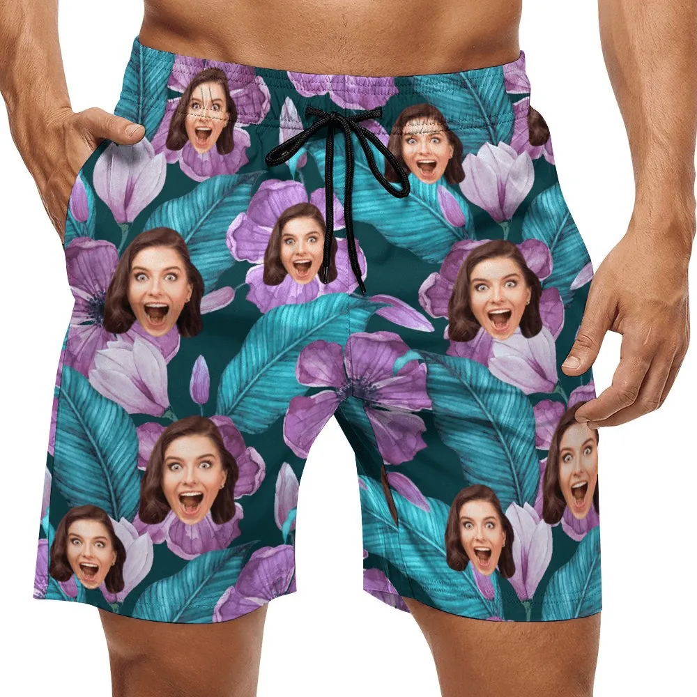 Custom Face Purple Flowers Couple Swim Shorts&Dress Men's Swim Trunks Women's Beach Sling Skirt