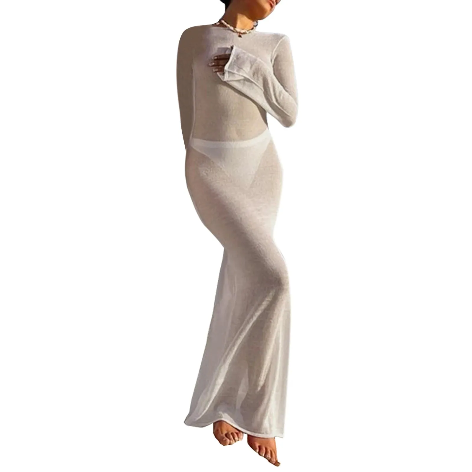Fashion Women Wrapped Dress Long Sleeve See Through Beach Cover Up