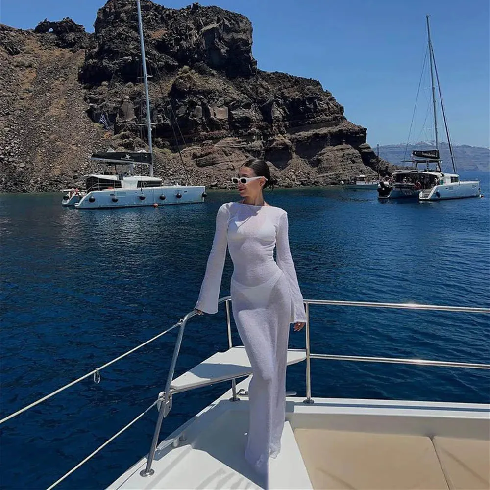 Fashion Women Wrapped Dress Long Sleeve See Through Beach Cover Up