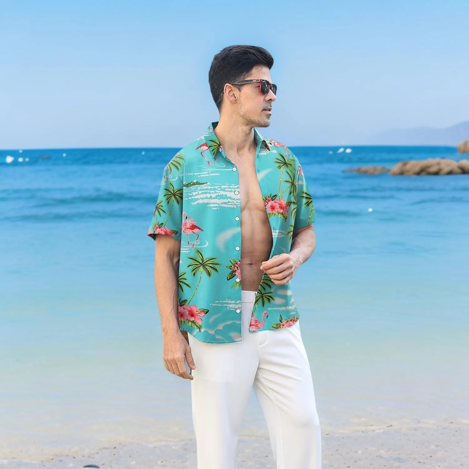 Hawaiian Shirt for Men Sleeves Printed Casual Button Down Summer Beach Dress Shirts