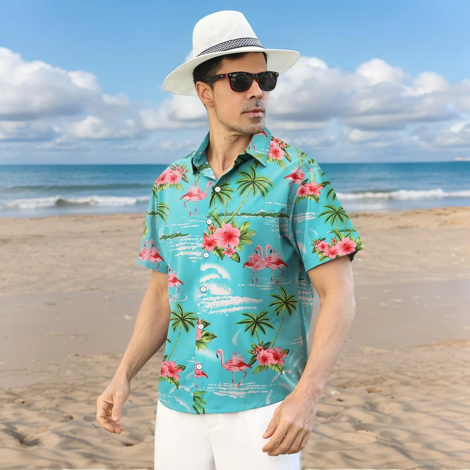 Hawaiian Shirt for Men Sleeves Printed Casual Button Down Summer Beach Dress Shirts