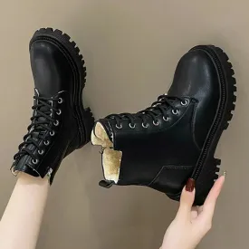 Hnzxzm Chunky Heels Lace Up Combat Boots Women Winter Warm Short Plush Ankle Boots Woman Platform Non-Slip PU Leather Short Botas Mujer