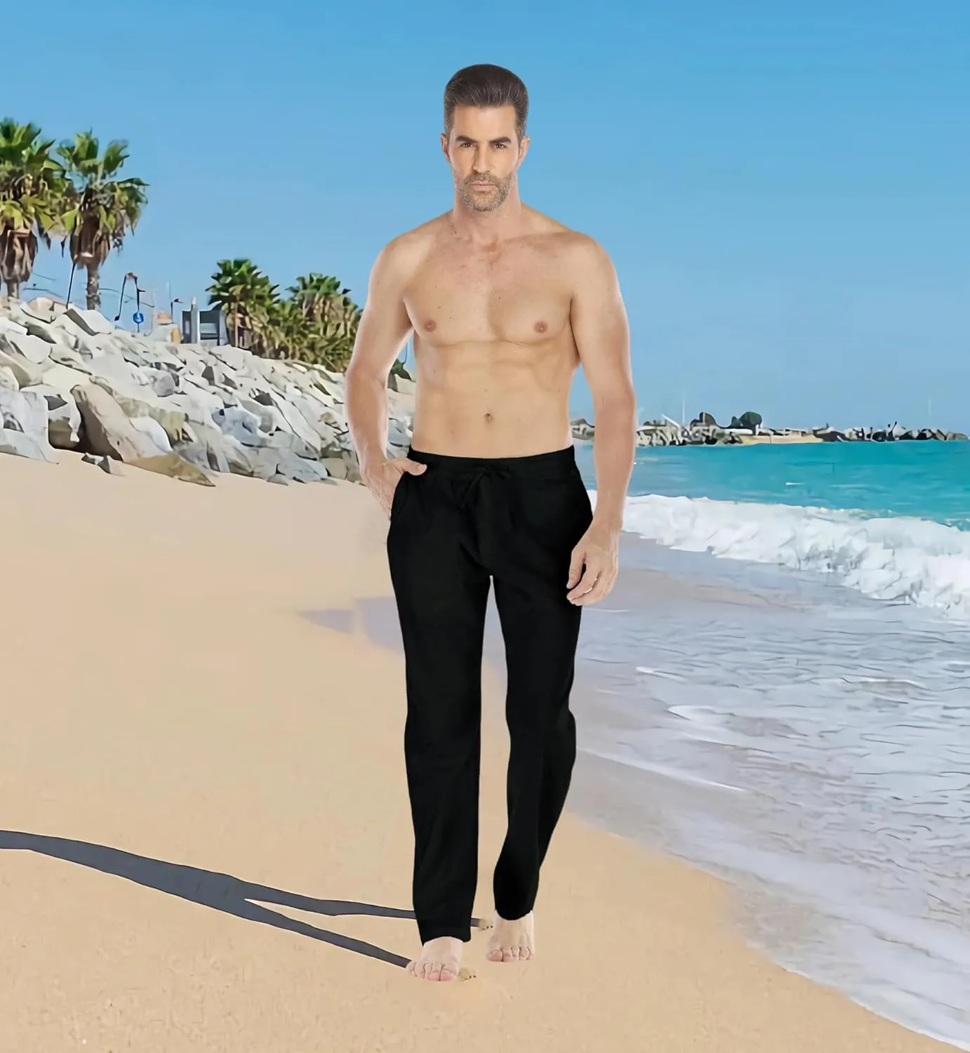 Mens Loose Fit Linen Pants Casual Lightweight Drawstring Stretch Cotton Linen Pants for Men Summer Beach