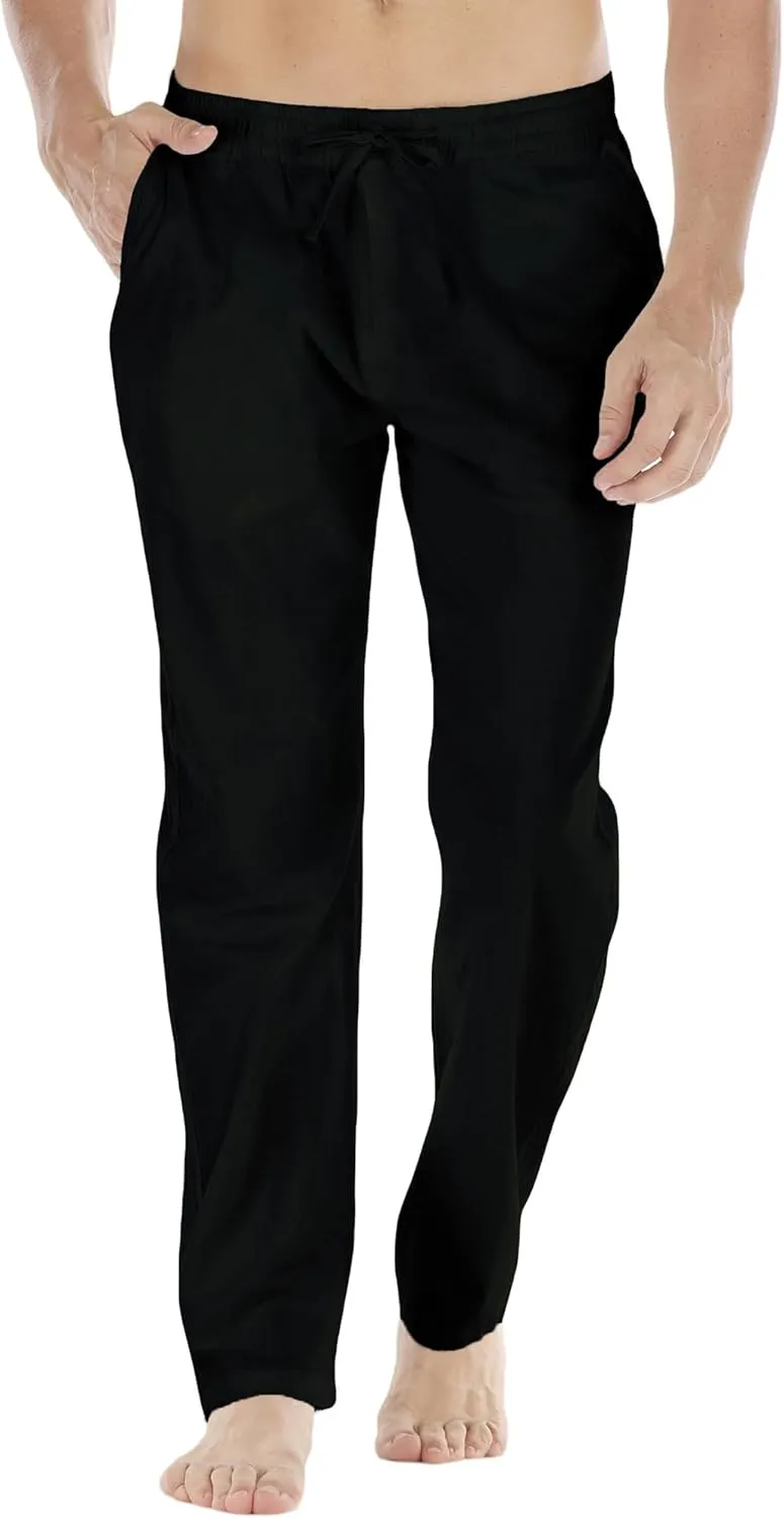 Mens Loose Fit Linen Pants Casual Lightweight Drawstring Stretch Cotton Linen Pants for Men Summer Beach