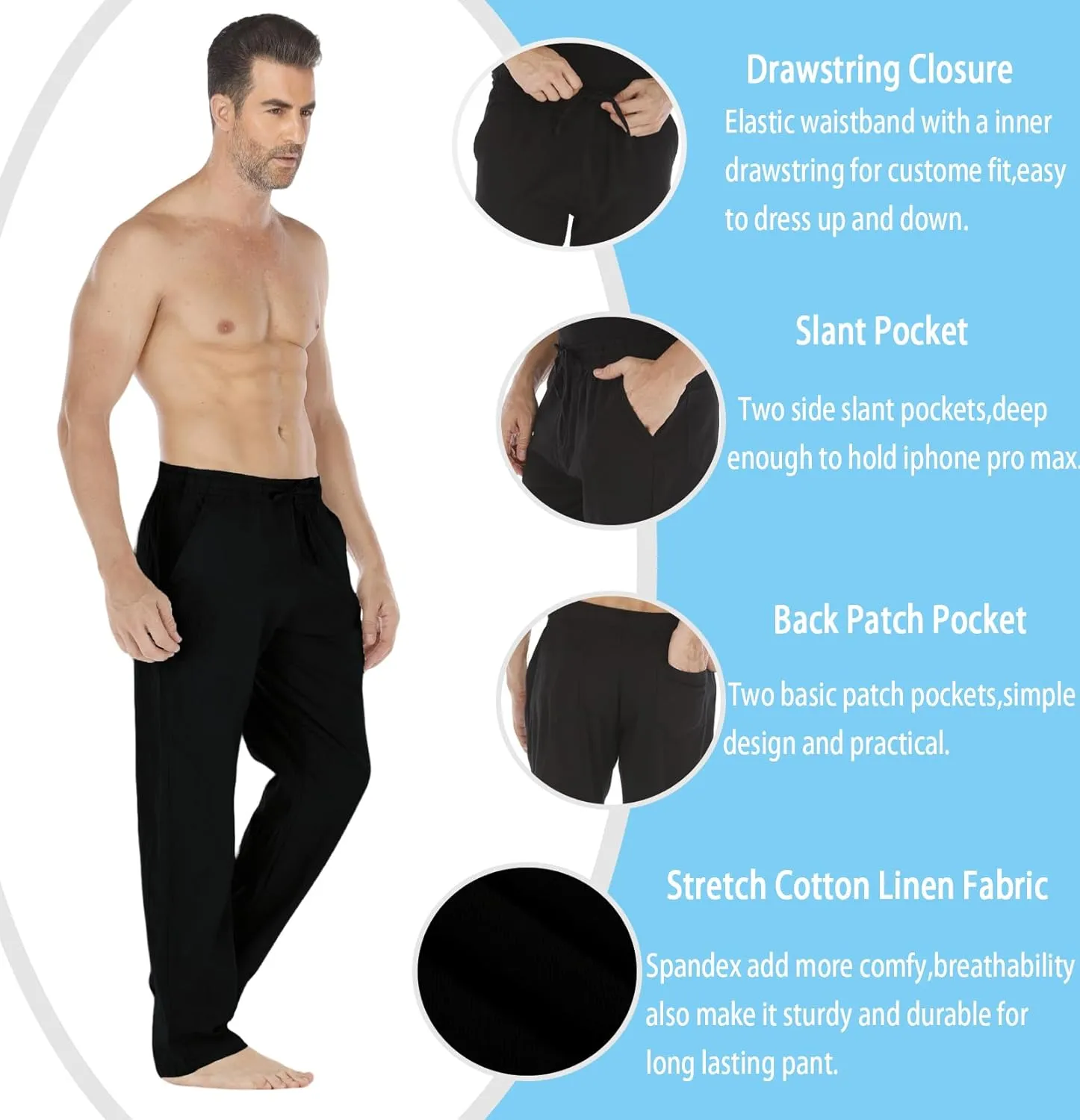 Mens Loose Fit Linen Pants Casual Lightweight Drawstring Stretch Cotton Linen Pants for Men Summer Beach