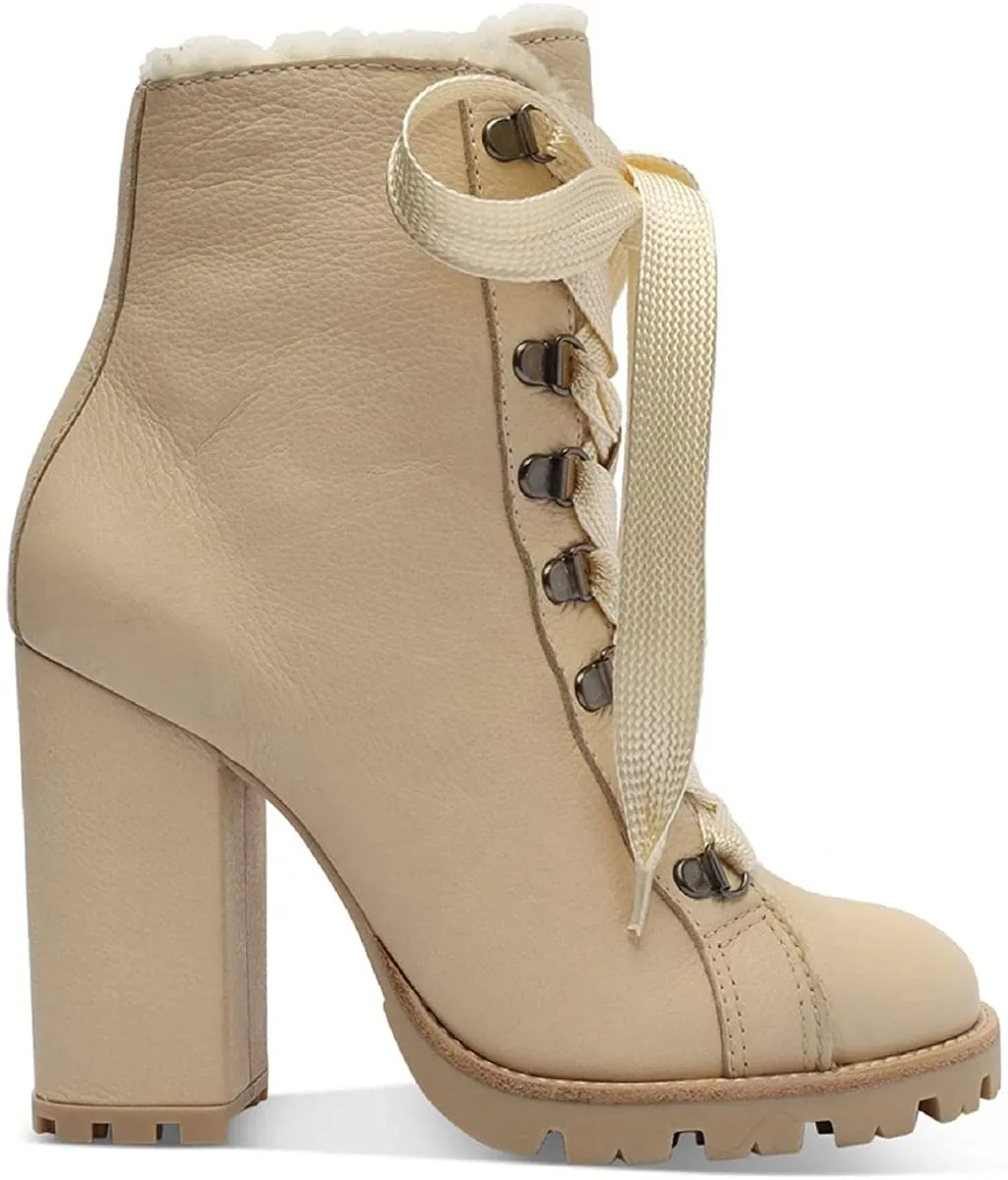 Schutz Zhara Nude Lace Up Lug Sole Block High Heel Combat Moto Ankle Booties