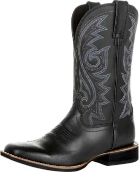 Western Cowboy Boots for Men,Western Square Toe Cowboy Boots Retro Leather Embroidery Casual Chunky Heel Wide Calf Pull On Boots