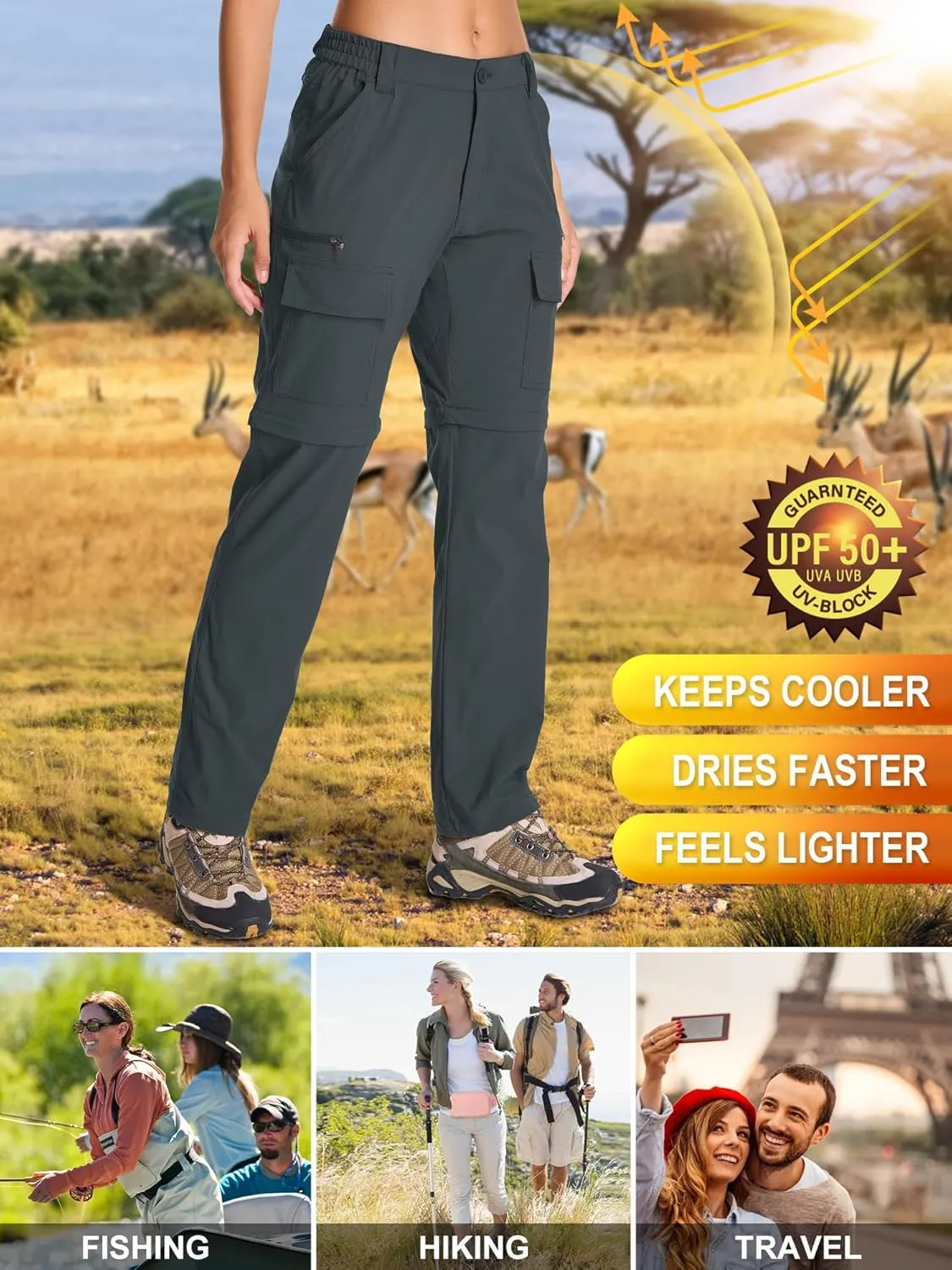 Womens Hiking Pants Convertible Quick Dry Stretch Lightweight Zip Off Outdoor Safari Pants with Cargo Pockets