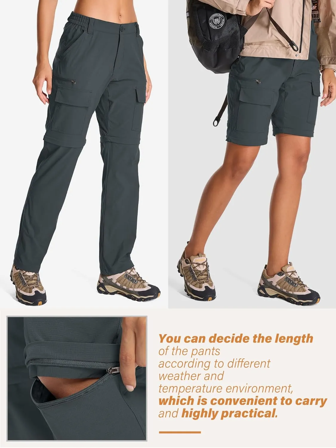 Womens Hiking Pants Convertible Quick Dry Stretch Lightweight Zip Off Outdoor Safari Pants with Cargo Pockets