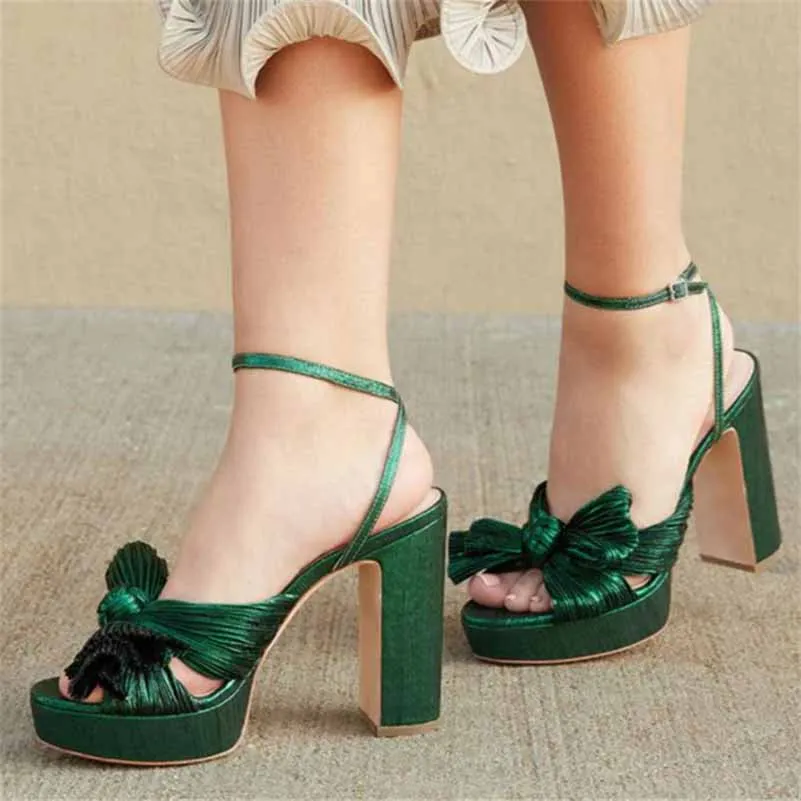 Women's Pleated Bow Knot Platform Heeled Sandals Open Toe Chunky Block Heel Ankle Buckle Strap Bridal Wedding Shoes