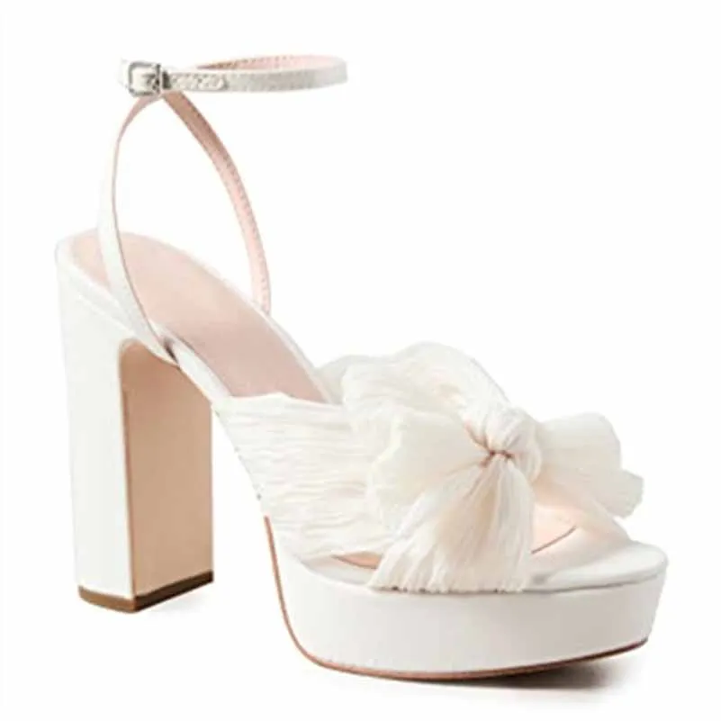 Women's Pleated Bow Knot Platform Heeled Sandals Open Toe Chunky Block Heel Ankle Buckle Strap Bridal Wedding Shoes