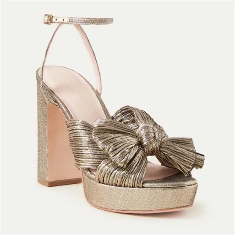 Women's Pleated Bow Knot Platform Heeled Sandals Open Toe Chunky Block Heel Ankle Buckle Strap Bridal Wedding Shoes