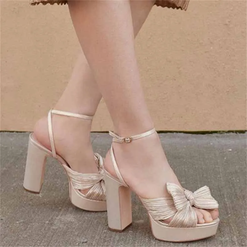 Women's Pleated Bow Knot Platform Heeled Sandals Open Toe Chunky Block Heel Ankle Buckle Strap Bridal Wedding Shoes