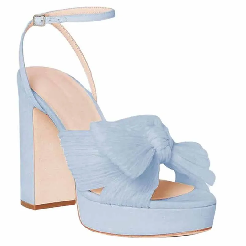 Women's Pleated Bow Knot Platform Heeled Sandals Open Toe Chunky Block Heel Ankle Buckle Strap Bridal Wedding Shoes