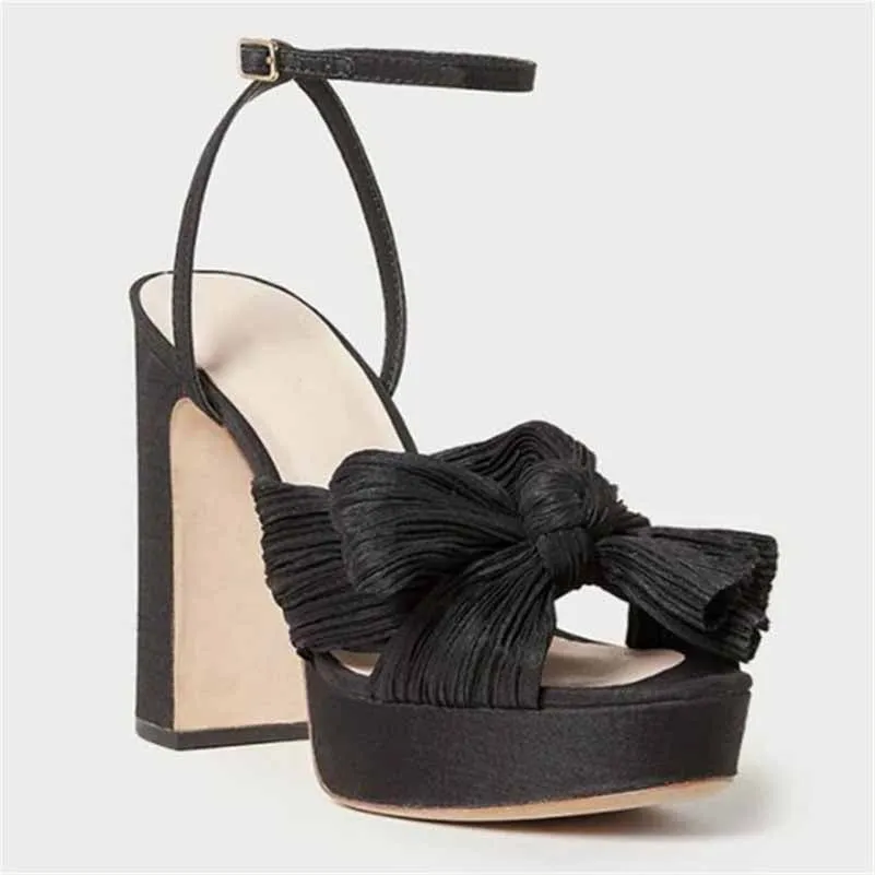 Women's Pleated Bow Knot Platform Heeled Sandals Open Toe Chunky Block Heel Ankle Buckle Strap Bridal Wedding Shoes