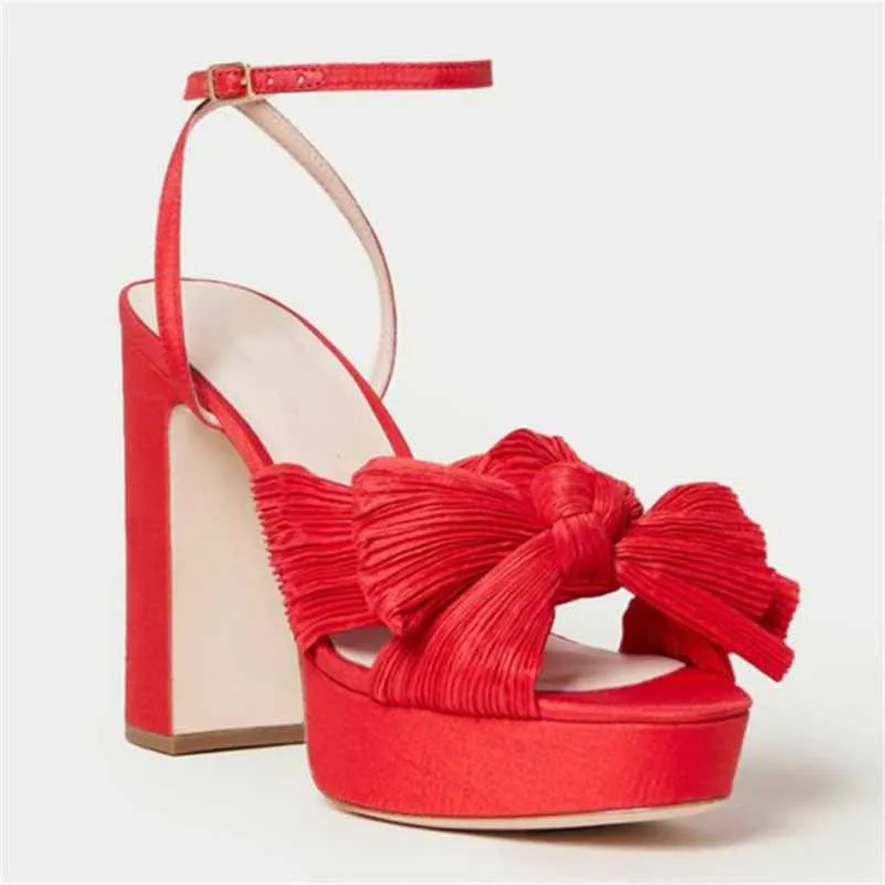 Women's Pleated Bow Knot Platform Heeled Sandals Open Toe Chunky Block Heel Ankle Buckle Strap Bridal Wedding Shoes
