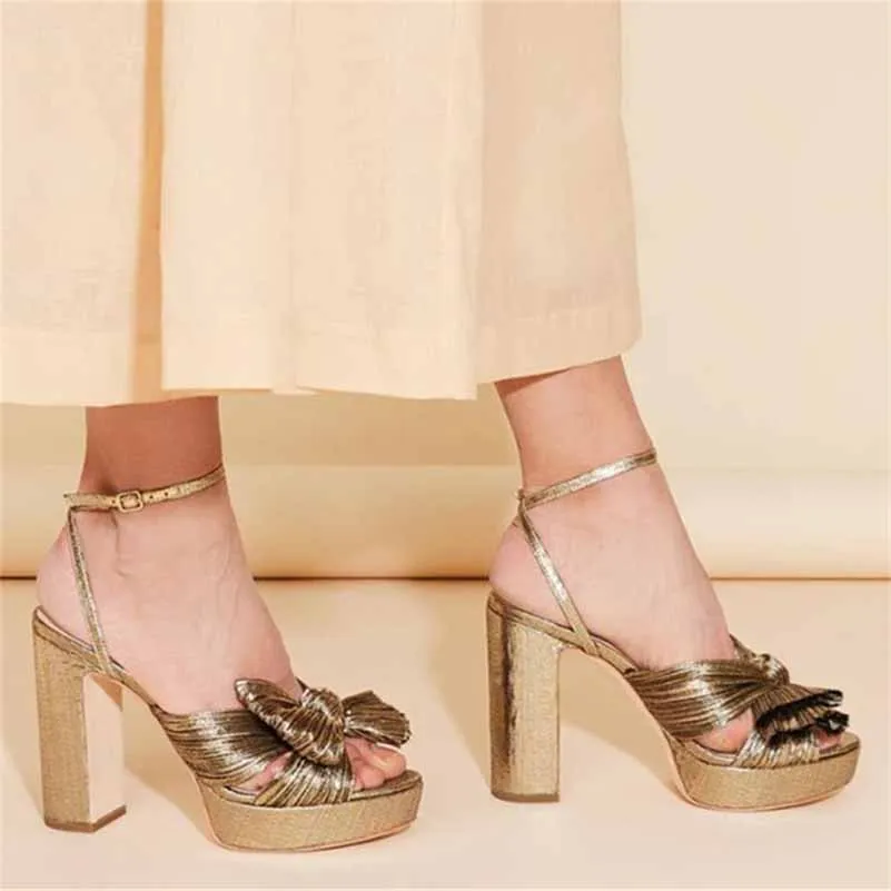 Women's Pleated Bow Knot Platform Heeled Sandals Open Toe Chunky Block Heel Ankle Buckle Strap Bridal Wedding Shoes
