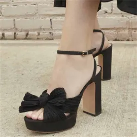 Women's Pleated Bow Knot Platform Heeled Sandals Open Toe Chunky Block Heel Ankle Buckle Strap Bridal Wedding Shoes